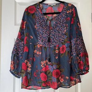 Anthropologie Navy Floral Peasant Blouse with Pink & Red Blossoms